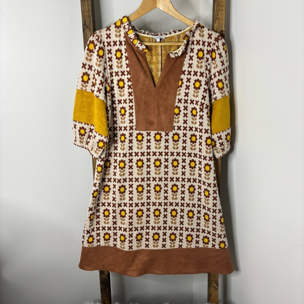 VOY Retro Patterned Dress with Yellow and Brown Accents S